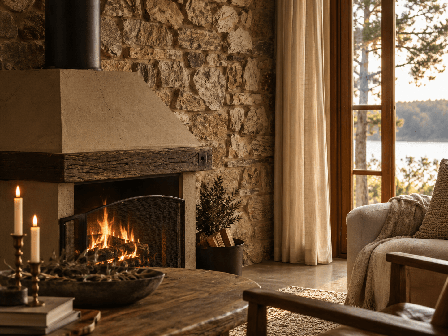 Warm stone fireplace and natural wood interior detail