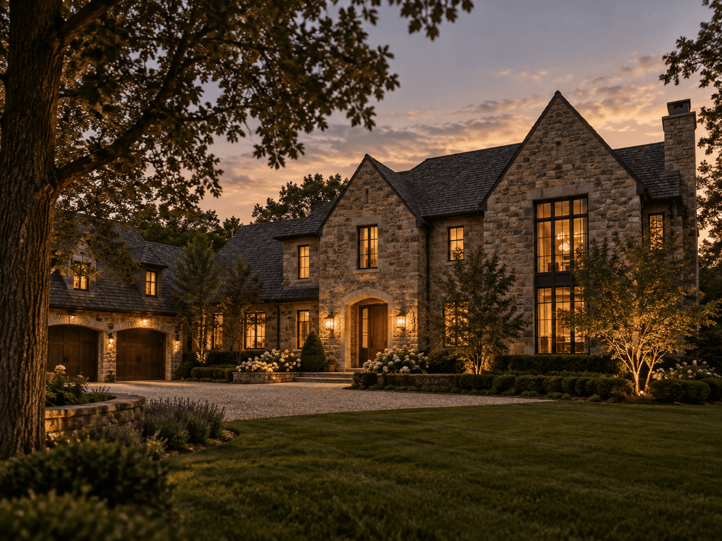 Ontario-inspired stone estate at twilight